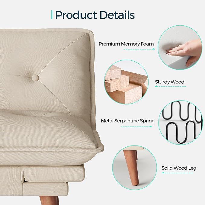 LINSY HOME Futon Sofa Bed, 70" Chenille Futon Couch with Adjustable Backrest Armrest, 3 in 1 Convertible Comfy Loveseat Sleeper Sofa Bed for Small Spaces Dorm Room Apartment Home Office(Khaki)