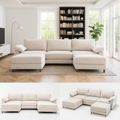 Oversized Modular Cloud Couch with Removable Washable Cover, U -Shaped Sectional for Large Living Room, Plush Chenille & Deep Seat（Beige）