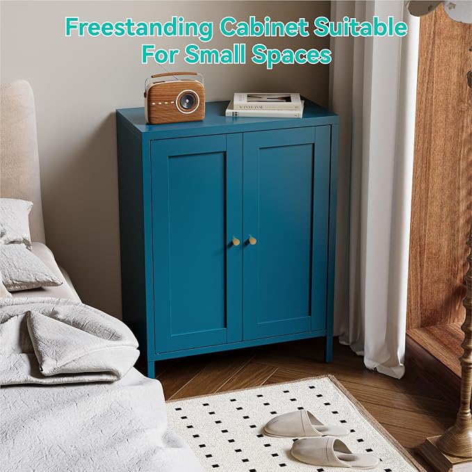 Metal Floor Storage Cabinet, Small Freestanding Sideboard Storage with 2 Adjustable Shelves for Bathroom Entryway Living Room Dining Room Coffee bar Kitchen,11.8"D x 23.6"W x 31.5"H,3-Tier,Teal Blue