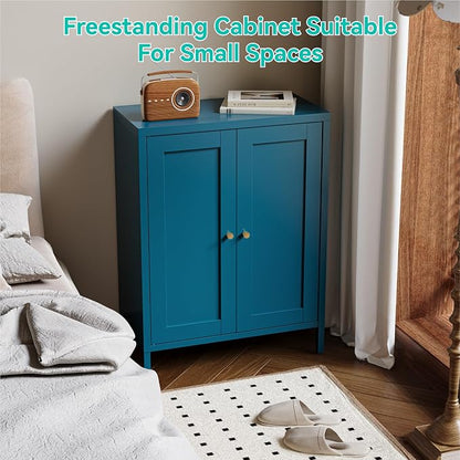 Metal Floor Storage Cabinet, Small Freestanding Sideboard Storage with 2 Adjustable Shelves for Bathroom Entryway Living Room Dining Room Coffee bar Kitchen,11.8"D x 23.6"W x 31.5"H,3-Tier,Teal Blue