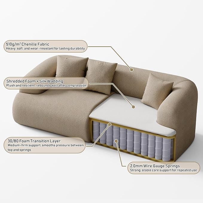 Boneless Couch Set, 91" + 75'' Cloud Couch Set, Chenille Curved Sofa, Modern Compression Sofa for Living Room, Bedroom and Apartment, No Assembly Required, Light Brown