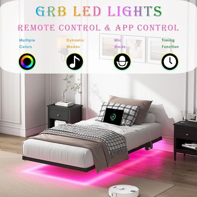 YORMDMO Floating Bed Frame Twin Size, Heavy Duty Bedframe with Smart LED Lights & Charging Station, Modern Metal Platform Bed, Easy Assembly No Box Spring Needed, 8 Inch