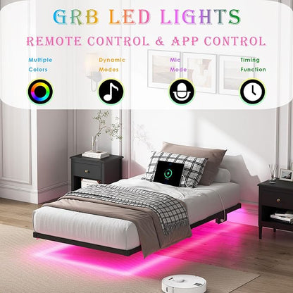 YORMDMO Floating Bed Frame Twin Size, Heavy Duty Bedframe with Smart LED Lights & Charging Station, Modern Metal Platform Bed, Easy Assembly No Box Spring Needed, 8 Inch