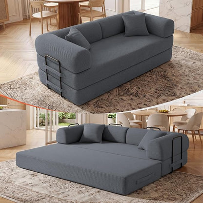 79" Convertible Sleeper Sofa Bed, Corduroy Boneless Fold-Out Couch in a Box, 4-in-1 Loveseat/Futon Couch, High-Density Foam, No Assembly, Side Pockets, 2 Pillows for Small Spaces, Dark Grey