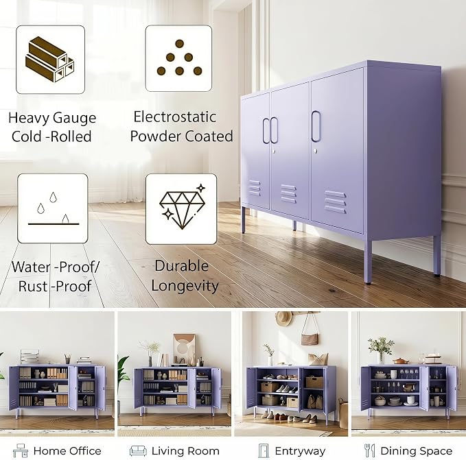 Purple Metal Storage Cabinet 3 Door Wide Metal Storage Cabinet 2 Layer Adjustable Shelves 32 "H Wide Steel Lockable Storage Cabinet Multipurpose Metal Accent Cabinet for Office/Home/Dining