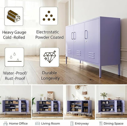 Purple Metal Storage Cabinet 3 Door Wide Metal Storage Cabinet 2 Layer Adjustable Shelves 32 "H Wide Steel Lockable Storage Cabinet Multipurpose Metal Accent Cabinet for Office/Home/Dining