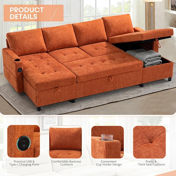 110" Chenille Pull-Out Couch Bed w/Adjustable Backrests, Orange | Sectional Sleeper Sofa w/USB Ports & 2 Cup Holders, Upholstered U-Shaped Couch w/Storage Chaise for Living Room, House