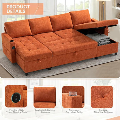 110" Chenille Pull-Out Couch Bed w/Adjustable Backrests, Orange | Sectional Sleeper Sofa w/USB Ports & 2 Cup Holders, Upholstered U-Shaped Couch w/Storage Chaise for Living Room, House