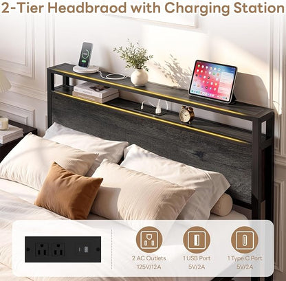LIKIMIO Queen Bed Frame with 2 2-Tier Storage Headboard, Platform Bed with 2 Drawers and Charging Station, No Box Spring Needed, Easy Assembly, Charcoal Grey