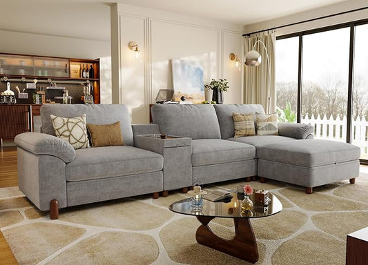SITJOY Large Cloud Couch, 132" Wide 3 Seater Couch with Console, Light Gray | Detachable and Washable Chenille Cover Sectional Sofas for Living Room, Deep Seat Wide Couch with Chaise, Storage Ottoman