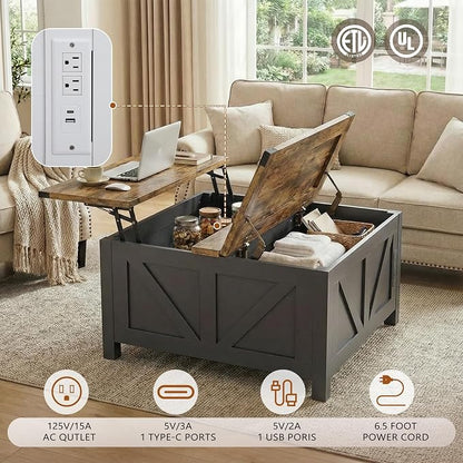 35” Farmhouse Coffee Table with Large Storage, Rustic Wood Lift Top Coffee Table for Living Room, Square Center Table with Charging Station&USB, Modern Port Pottery Barn Lift top Table