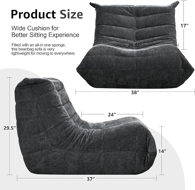 Hobestluk Adults Bean Bag Chair Faux Fur BeanBag Couch for Living Room | Darkgrey Chenille,Ergonomic Design,Memory Foam,Anti-slip Bottom,No Assembly Required,Decorative Style for Living Room