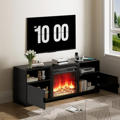 Mxtxmy Fireplace TV Stand for Television up to 80 Inch,Entertainment Center with Adjustable Shelf,Mid-Century Modern Fluted TV Stand with 23" Electric Fireplace,Media Console for Living Room,Bedroom