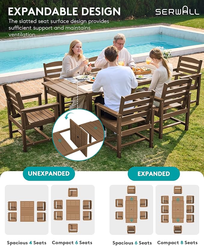 SERWALL 10-Piece Patio Dining Sets with 15FT Patio Umbrella, Brown | 60" - 83" Expandable Outdoor Dining Table and 8 HDPE Chairs, All Weather HDPE Outdoor Furniture Set