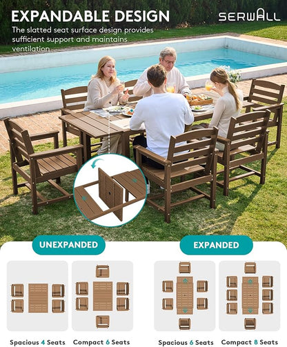 SERWALL 10-Piece Patio Dining Sets with 15FT Patio Umbrella, Brown | 60" - 83" Expandable Outdoor Dining Table and 8 HDPE Chairs, All Weather HDPE Outdoor Furniture Set