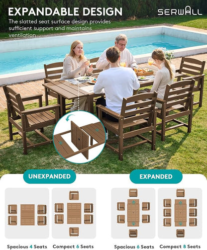 SERWALL 60" - 83" Expandable Outdoor Dining Table and 6 HDPE Chairs, Brown | Outdoor Dining Set for 6, All Weather Aluminum and HDPE Outdoor Furniture Set, Extendable Patio Dining Table