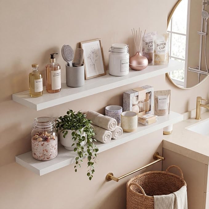 Vivelove 10 in Deep Floating Shelves for Wall, 40" x 10.2" x 1.5" Shelves for Room Wall Mounted, 1.5 Inch Thick Shelf for Bathroom Bedroom Kitchen Book Room, Modern Farmhouse Decor, Set of 2, White