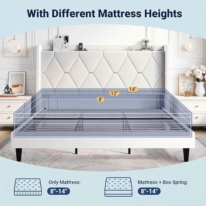 Allewie Velvet King Size Upholstered Bed Frame with Wingback Storage Headboard & Charging Station, Platform Bed with Diamond Tufted Design & Gold Trim, No Box Spring Needed, Easy Assembly, White