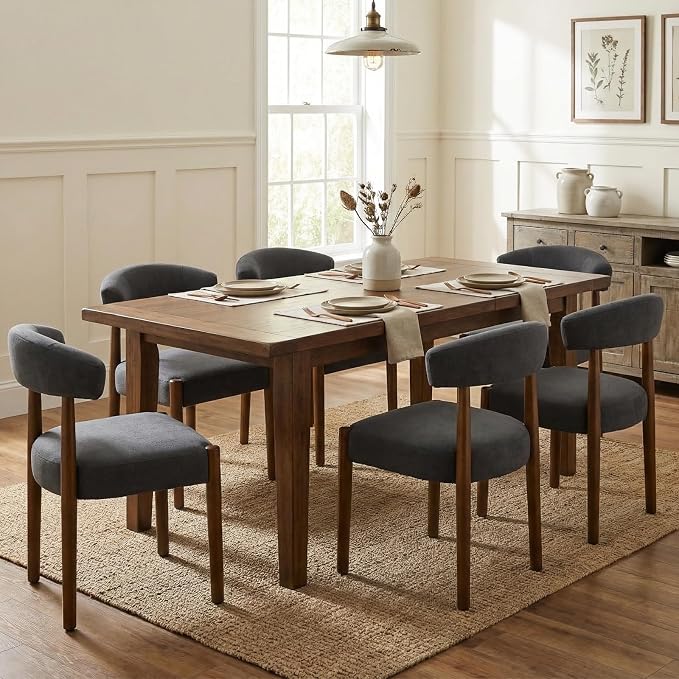 VKNOW Wooden Dining Chairs Set of 6, Modern Upholstered Dining Room Chairs with Walnut Wood Legs and Curved Backrest, Fabric Kitchen Chairs for Farmhouse/Living Room/Dining Room, Charcoal