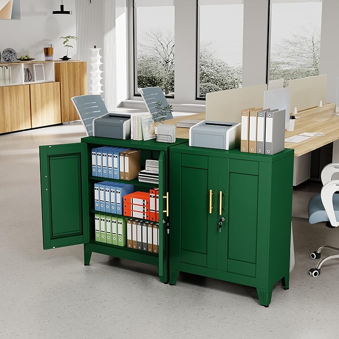 Green Metal Storage Cabinet, 36" Tall Locking Storage Cabinet with 2 Adjustable Shelves, Steel Locker Organizer, for Office, Home, School