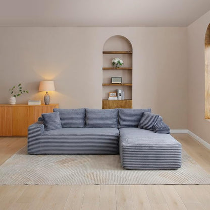 105-Inch L-Shaped Right Facing Corner Compressed Sofa Modular Sectional Boneless Cloud Sofa Floor Foam Couch with Chaise Lounge, Corduroy Corner Boneless Cloud Couch
