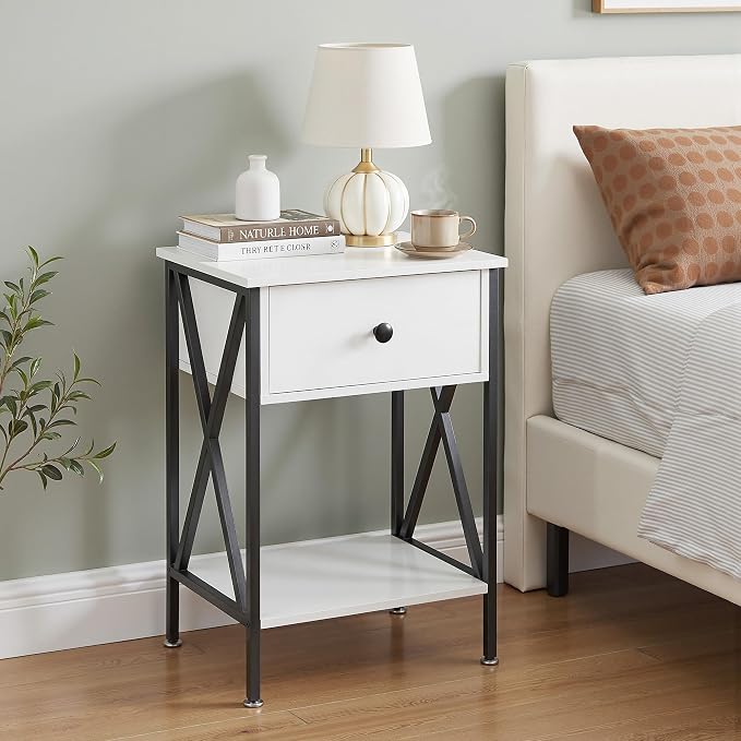 VECELO Nightstand,Modern Bedside End Table, Night Stand with Drawer and Storage Shelf for Living Room Bedroom, Industrial Metal Frame