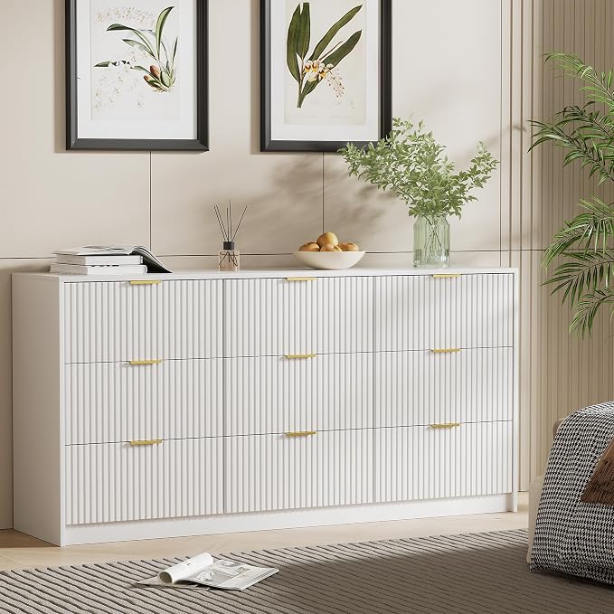 Furniway 3 Piece Bedroom Set, 9 Drawer Dresser and Nightstand Set of 2 with Gold Handles, Modern Wood Chest of Drawers Storage Cabinet for Bedroom, White