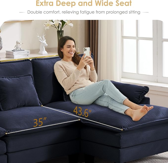 157" Corduroy Modular Sectional Sofa, Convertible U Shaped Modular Sofa Comfy Cloud Couch with Ottoman, Side Pockets and 4 Throw Pillows for Living Room, Blue, 6 Seats