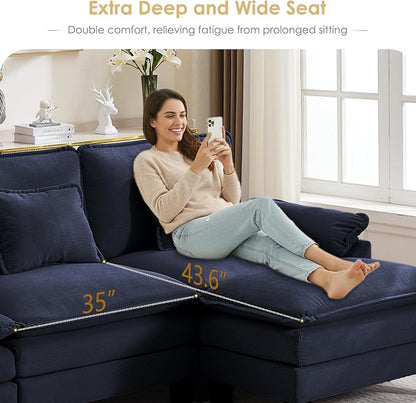 157" Corduroy Modular Sectional Sofa, Convertible U Shaped Modular Sofa Comfy Cloud Couch with Ottoman, Side Pockets and 4 Throw Pillows for Living Room, Blue, 6 Seats