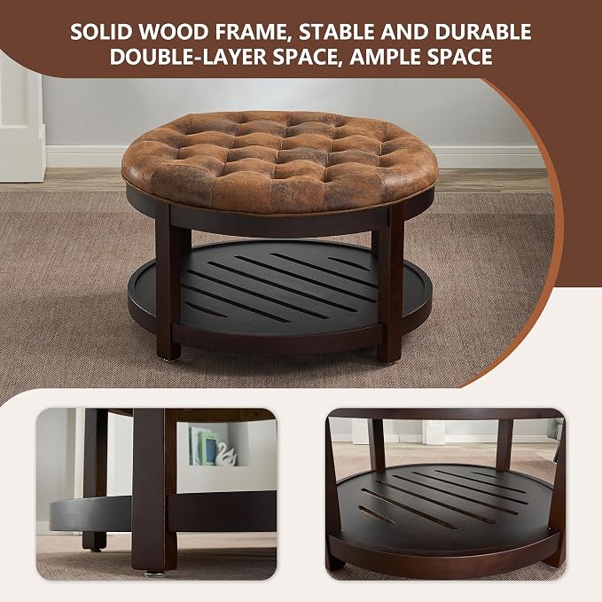 adochr Round Coffee Tables for Living Room,33’’ Storage Ottoman with Wooden Tray, Upholstered Ottoman Footrest, Light Brown