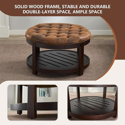 adochr Round Coffee Tables for Living Room,33’’ Storage Ottoman with Wooden Tray, Upholstered Ottoman Footrest, Light Brown
