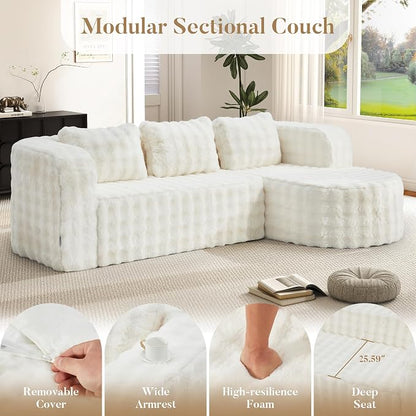 Hobestluk Modular Sectional Sofa Couches L-Shape Couch 3 Seat Modular Sofa Memory Foam Sectional Couches for Living Room, Cloud Couch (Round Eider White, 96", Right Hand Facing)