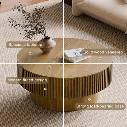 Round Coffee Table with Storage, Modern Wooden Coffee Table with Solid Wood Veneered, Circle Center Table Accent Tea Table for Living Room Apartment Small Space (31.5''L × 31.5''W × 14''H, Brown)