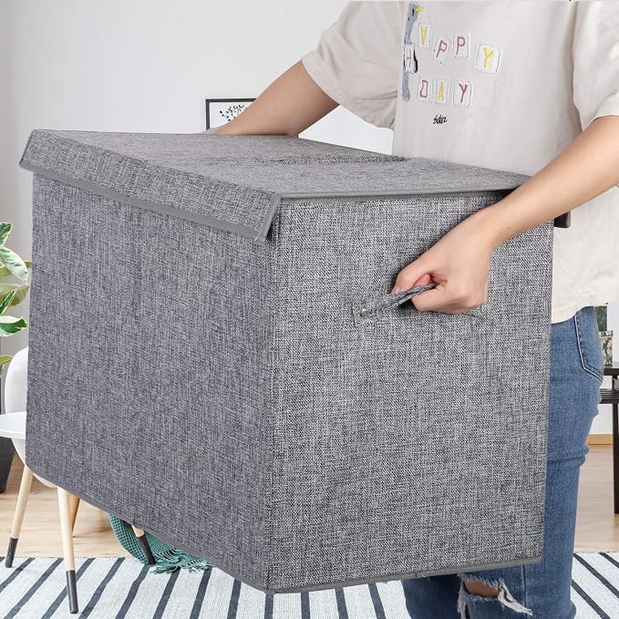 popoly Large Toy Box Storage with Lid, Collapsible Sturdy Toy Chest Storage Bin Box with Rivets Handles for Kids, Boys, Girls, Nursery, Playroom, Living Room, Bedroom, 25"x 13" x 16" (Linen Gray)