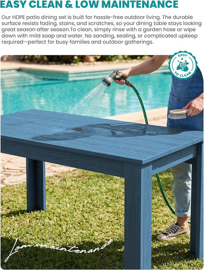 SERWALL HDPE Dining Set for 8: 2 Umbrella Hole Tables + 8 Chairs. for Garden, Backyard, Poolside. Blue