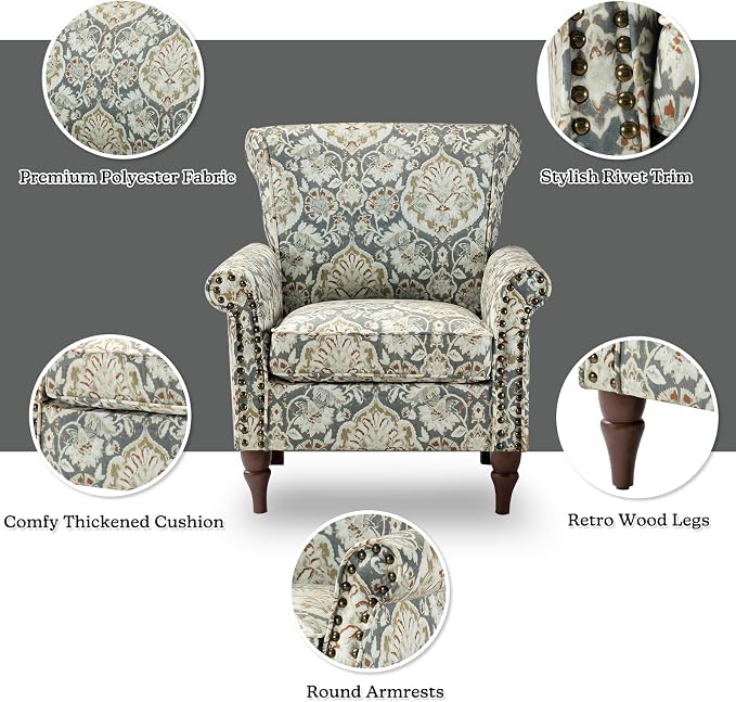 HULALA HOME Modern Wingback Accent Chair with Wood Legs & Removable Cushion, Comfy Upholstered Armchair with Nailhead Trim, Floral Pattern Single Sofa Chair for Living Room Bedroom, Pine