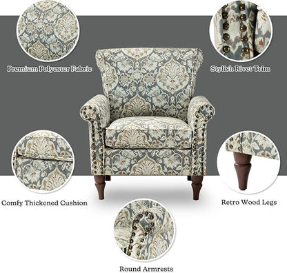 HULALA HOME Modern Wingback Accent Chair with Wood Legs & Removable Cushion, Comfy Upholstered Armchair with Nailhead Trim, Floral Pattern Single Sofa Chair for Living Room Bedroom, Pine