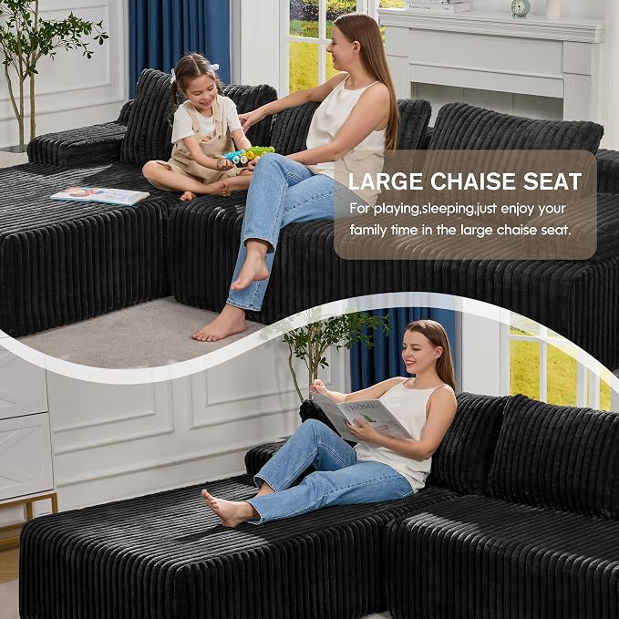 Hobestluk Boneless Couch Modular Sectional Sofa L-Shape Oversized Chaise | 108" Left Facing Chaise Black,Memory Foam,Removable Cover,Non-slip Bottom,No Assemble Required,Living Room Furniture