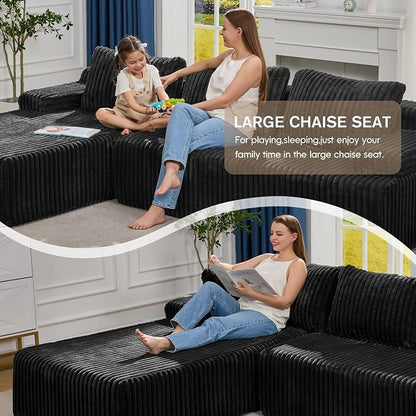 Hobestluk Boneless Couch Modular Sectional Sofa L-Shape Oversized Chaise | 108" Left Facing Chaise Black,Memory Foam,Removable Cover,Non-slip Bottom,No Assemble Required,Living Room Furniture