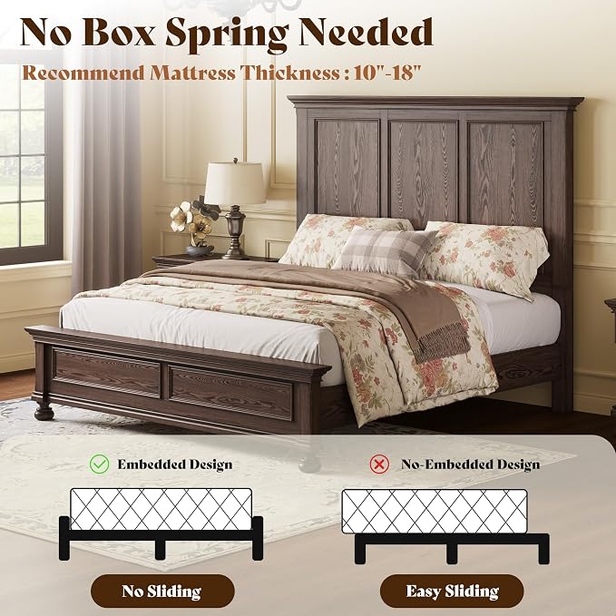 AMERLIFE Solid Wood 3 Piece Bedroom Set Including 65.2" High Queen Bed Frame, Fully Assembled Nightstands Set of 2 with 2 Storage Drawers for Bedroom, Dark Brown