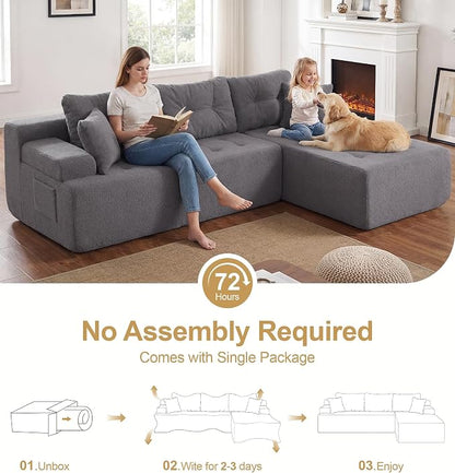 Hobestluk Modular Sectional Sofa Couches L-Shape Couch 3 Seat Modular Sofa Memory Foam Sectional Couches for Living Room, Cloud Couch with Oversized Chaise (Grey Tufted, 96", Right Hand Facing)
