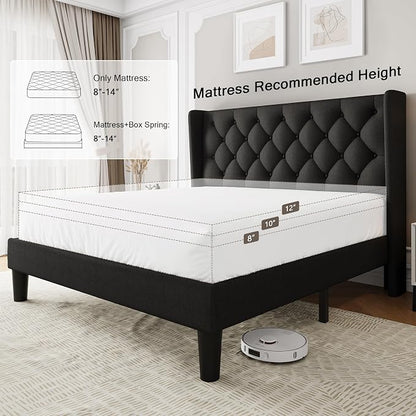 Einhomn Black Queen Size Platform Bed Frame with Fabric Upholstered Wingback Headboard, 12" Under Bed Space, Wooden & Metal Slats Support, No Box Spring Needed