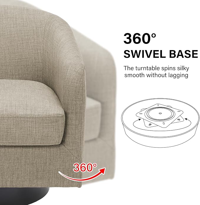 Swivel Barrel Accent Chair, Modern Round Linen Arm Chair for Living Room, Bedroom, Comfy Club Reading Chairs for Adults（Linen Fabric, Light Brown, Set of 4