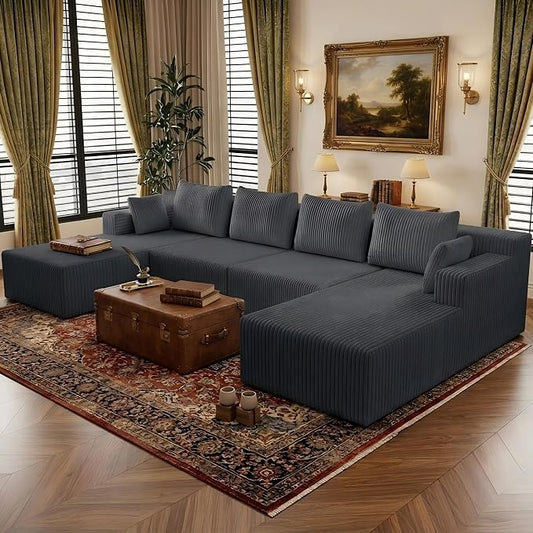 142" Oversized Cloud Modular Sectional Sofa Boneless Couches with Double Chaise Lounge and Deep Seat, Fluffy Corduroy Upholstered Compressed Lounge Sofa & Couches for Living Room