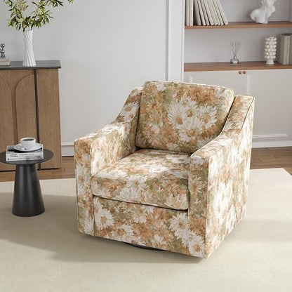 Swivel Accent Chair, 360° Swivel Upholstered Club Armchairs for Living Room, Comfy Fabric Single Sofa Reading Chair with Deep Seat, Metal Swivel Base, Sand Blooms