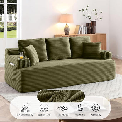 86.2'' Boneless Sofa Couch with Cup Holders & Side Pockets, Modern Corduroy Fabric Upholstered 3-seat Couch with 2 Throw Pillows for Living Room, Office, No Assembly (Green)