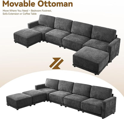 143.8" Modular Sectional Sofa Modern Chenille U Shaped Couch with Thickened Seat Cushions, Easy Assembly, Upholstered 6 Seater Couch with 2 Movable Ottomans for Living Room, Grey