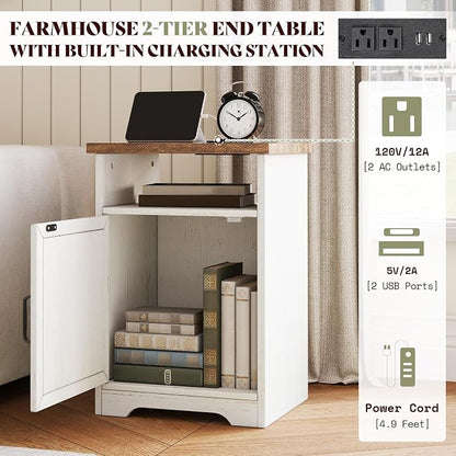 AMERLIFE 3-Piece Farmhouse Living Room Table Set with Coffee Table & 2 End Tables, Charging Station & USB Ports, Distressed White