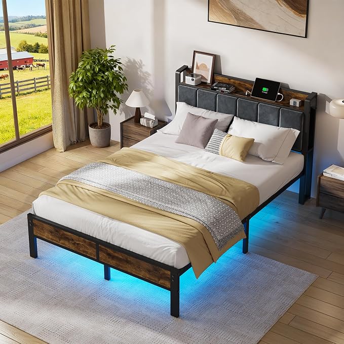 ALBERTO Full Size LED Bed Frame with Built-in Charging Station, Metal Platform with Slats, Soft Grey Upholstered Headboard, No Box Spring Required