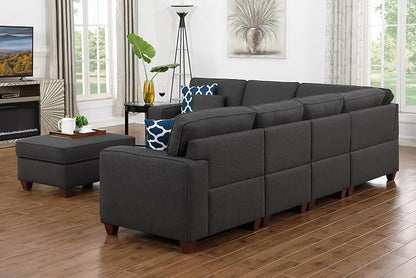 Ball & Cast 116" L-Shaped Sectional Couch with Movable Ottoman and 6 Throw Pillows,7 Seat Chenille Upholstered Sectional Sofa W/Wide Armrest,DIY Combination,Comfy Sectionals Set for Living Room,Gray